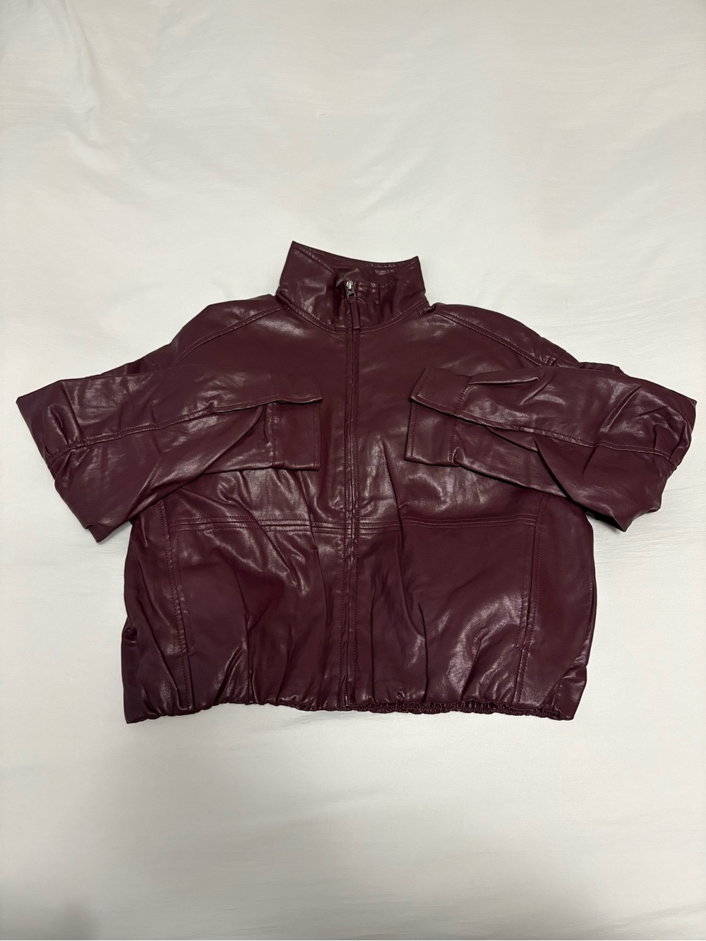 Max Studio Burgundy Short-Sleeve Leather Bomber Jacket